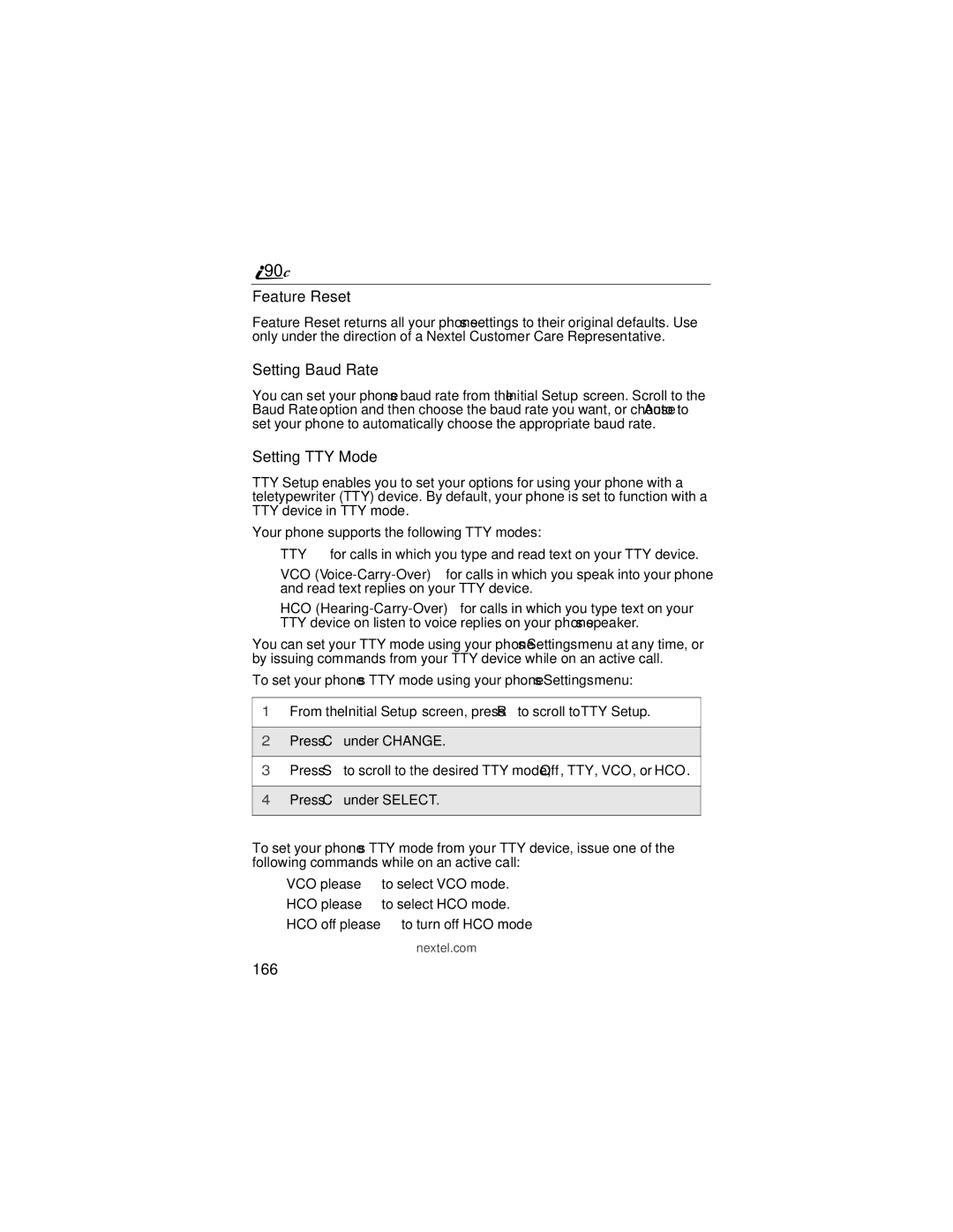 Motorola i90c manual Feature Reset, Setting Baud Rate, Setting TTY Mode, 166 