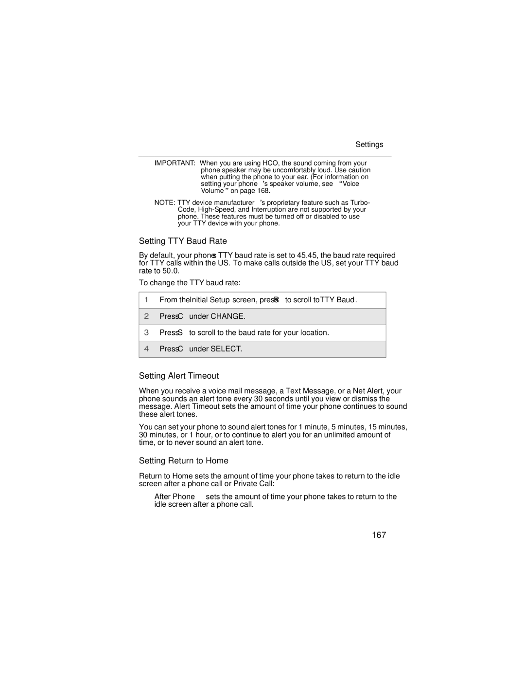 Motorola i90c manual Setting TTY Baud Rate, Setting Alert Timeout, Setting Return to Home, 167 