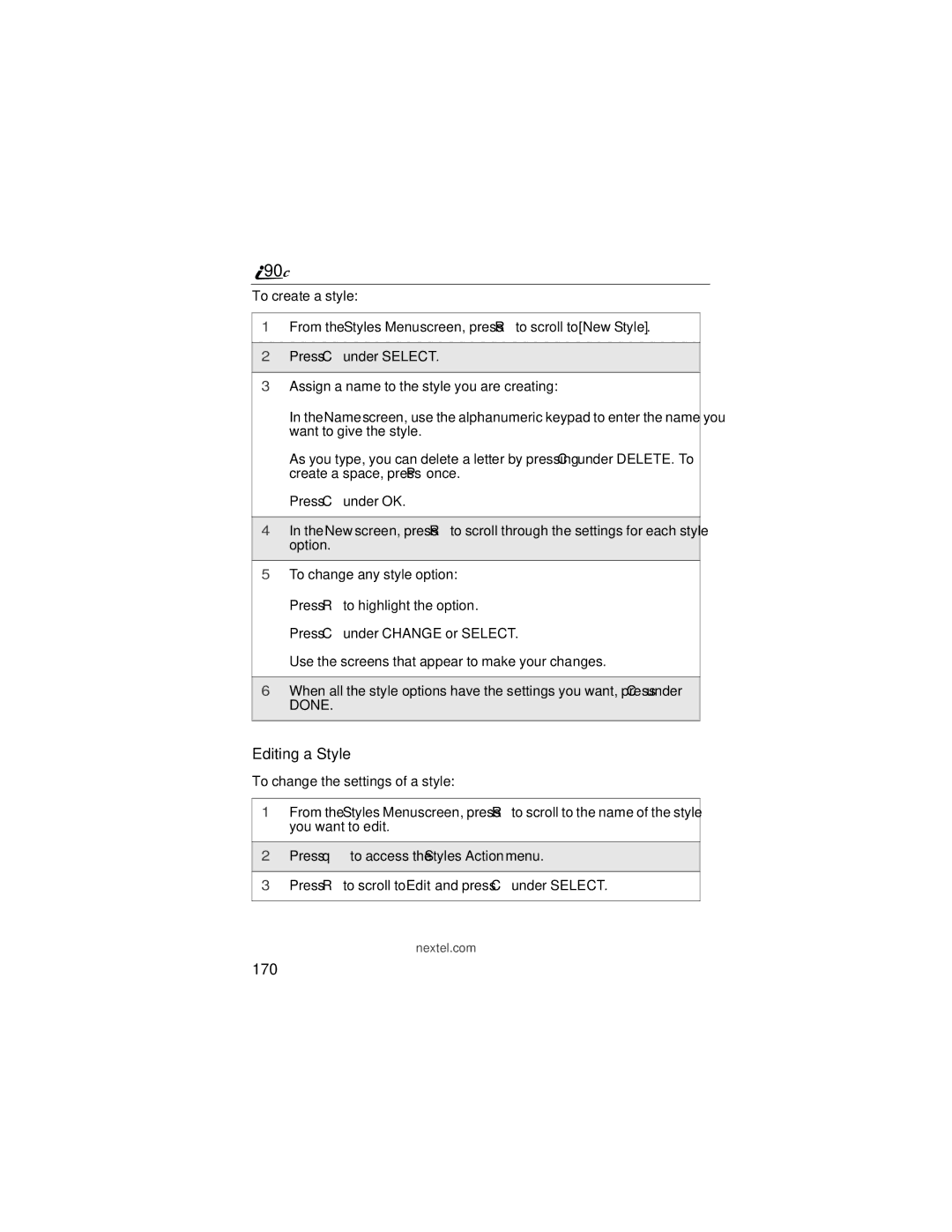 Motorola i90c manual Editing a Style, 170 