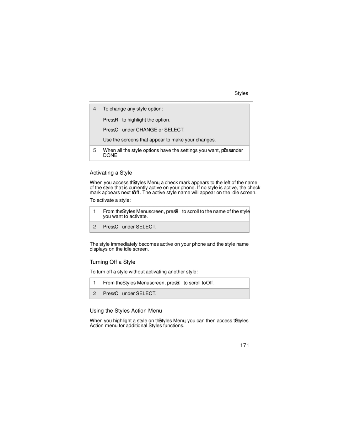 Motorola i90c manual Activating a Style, Turning Off a Style, Using the Styles Action Menu, 171 