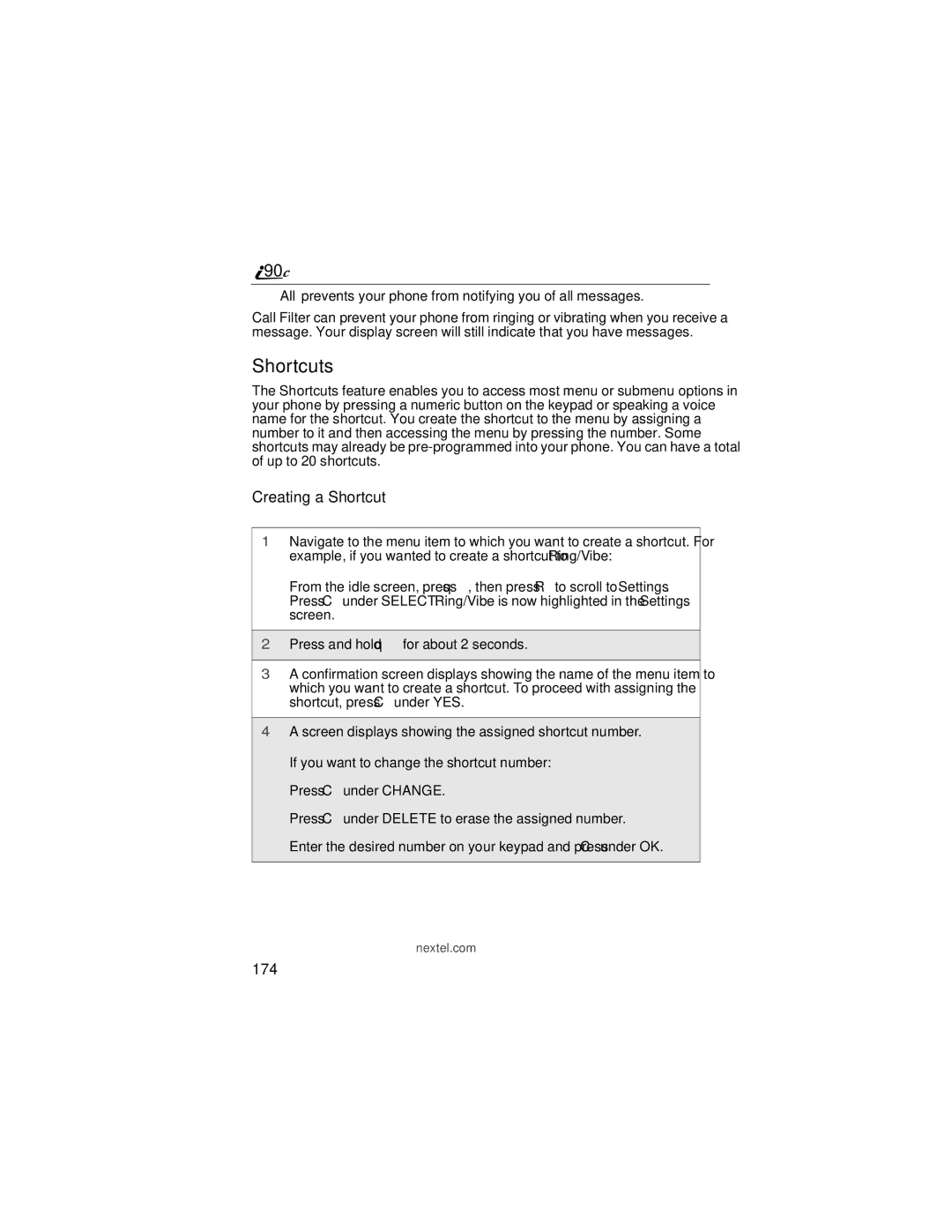 Motorola i90c manual Shortcuts, Creating a Shortcut, 174 