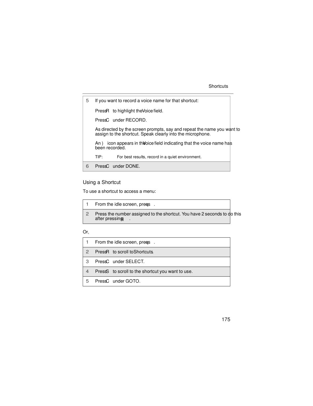 Motorola i90c manual Using a Shortcut, 175, Shortcuts 