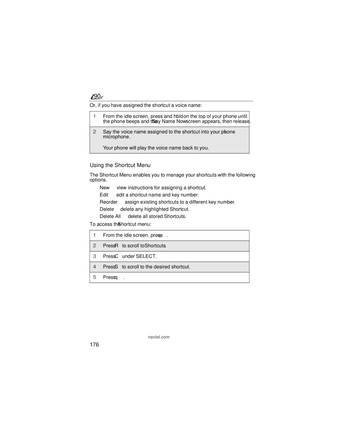 Motorola i90c manual Using the Shortcut Menu, 176 