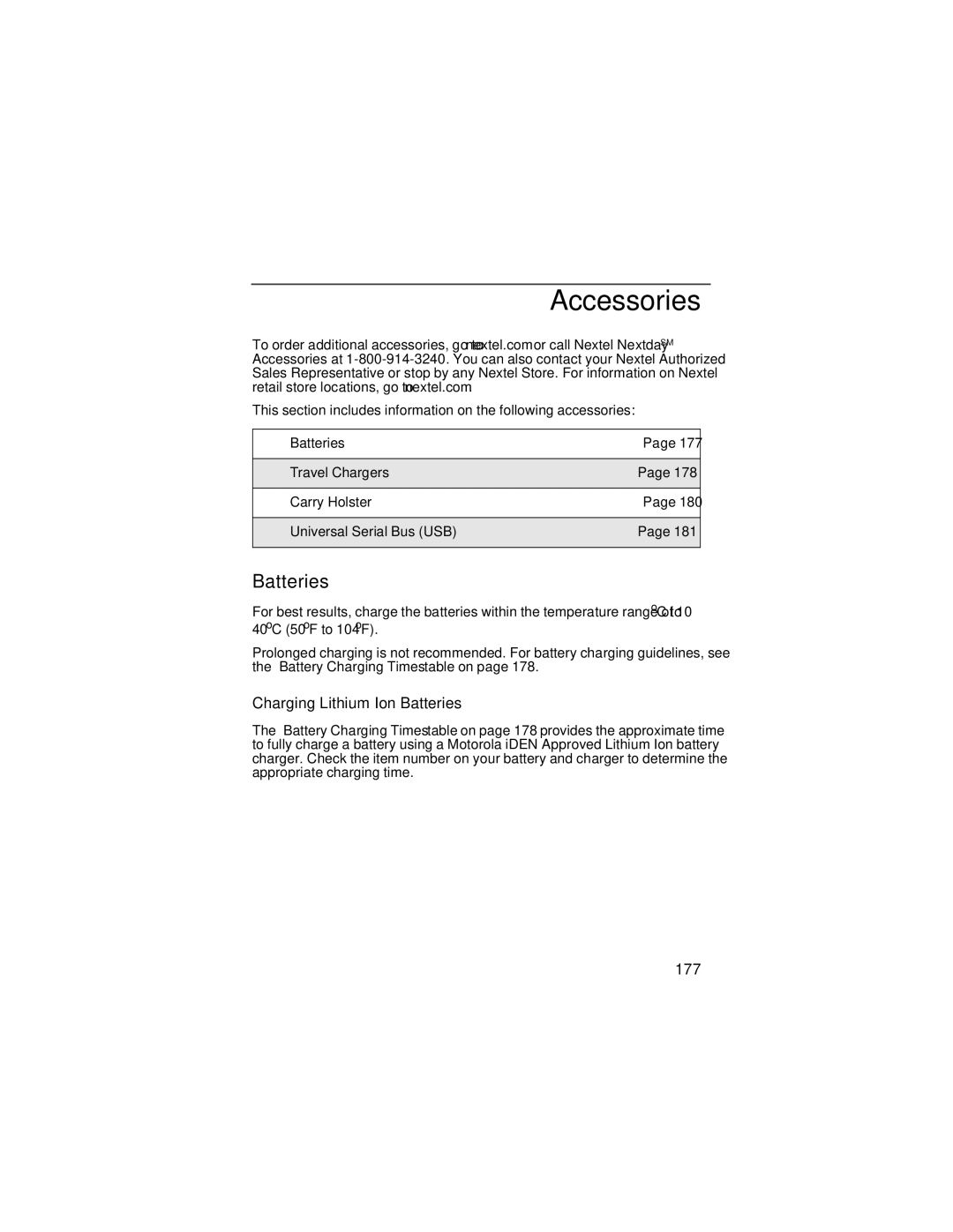 Motorola i90c manual Accessories, Charging Lithium Ion Batteries, 177 