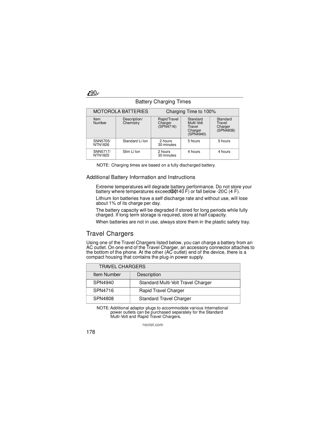 Motorola i90c manual Travel Chargers, Additional Battery Information and Instructions, 178, Charging Time to 100% 