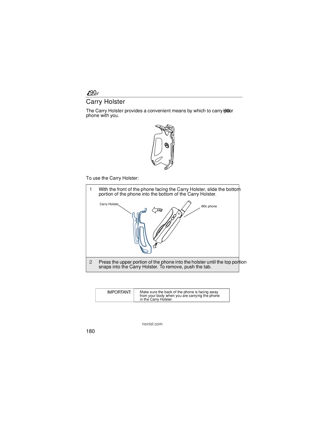 Motorola i90c manual Carry Holster, 180 