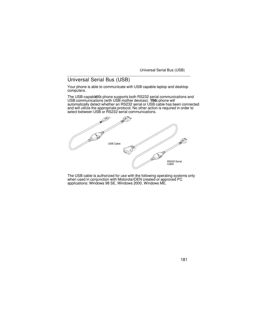 Motorola i90c manual Universal Serial Bus USB, 181 