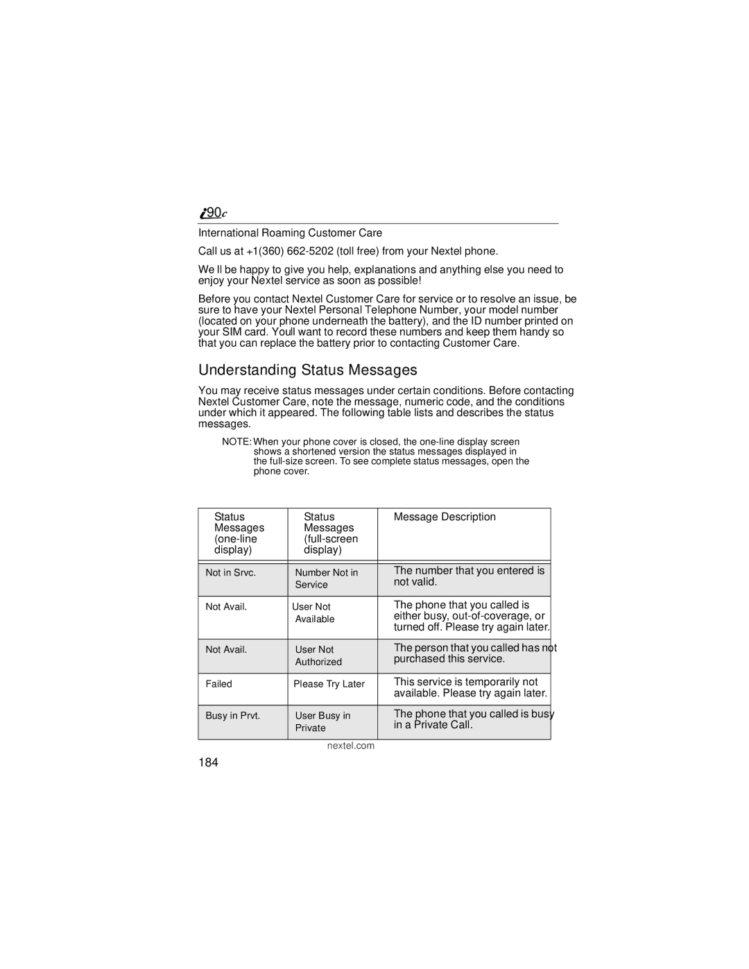 Motorola i90c manual Understanding Status Messages, 184 