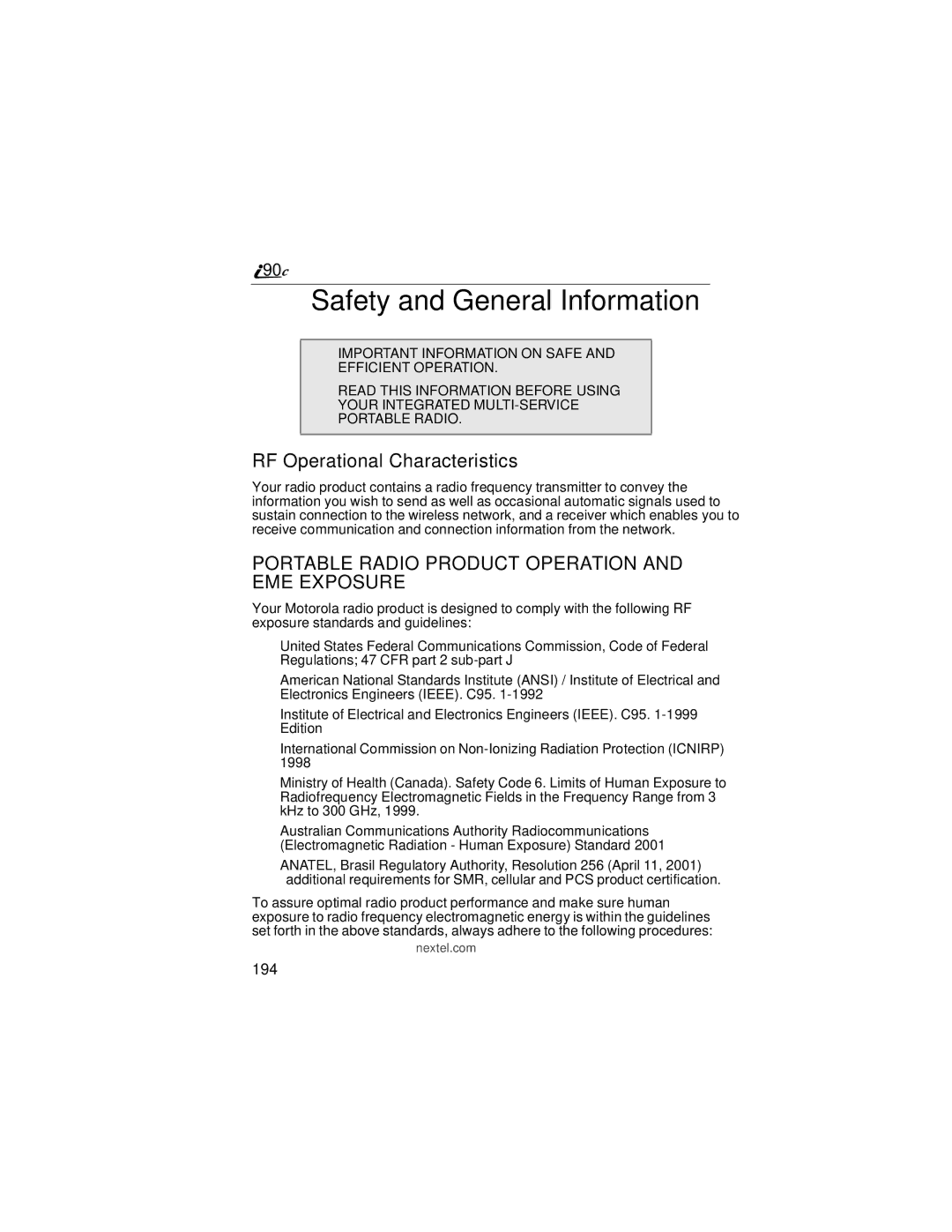 Motorola i90c manual Safety and General Information, RF Operational Characteristics, 194 