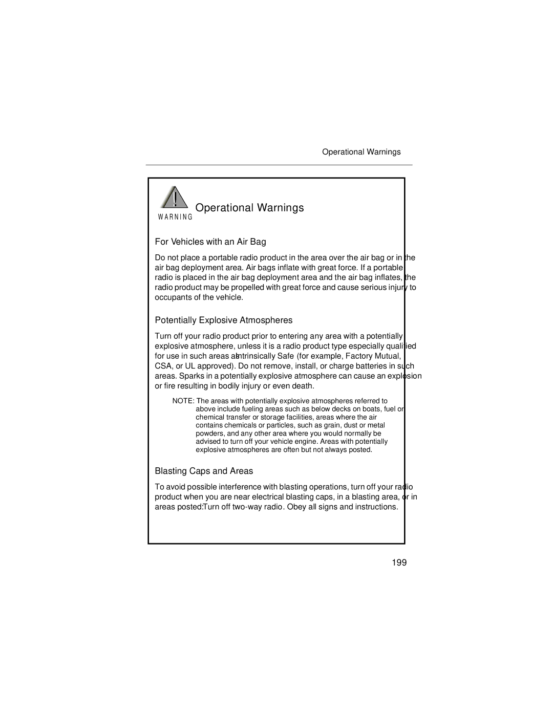 Motorola i90c manual Operational Warnings, 199 