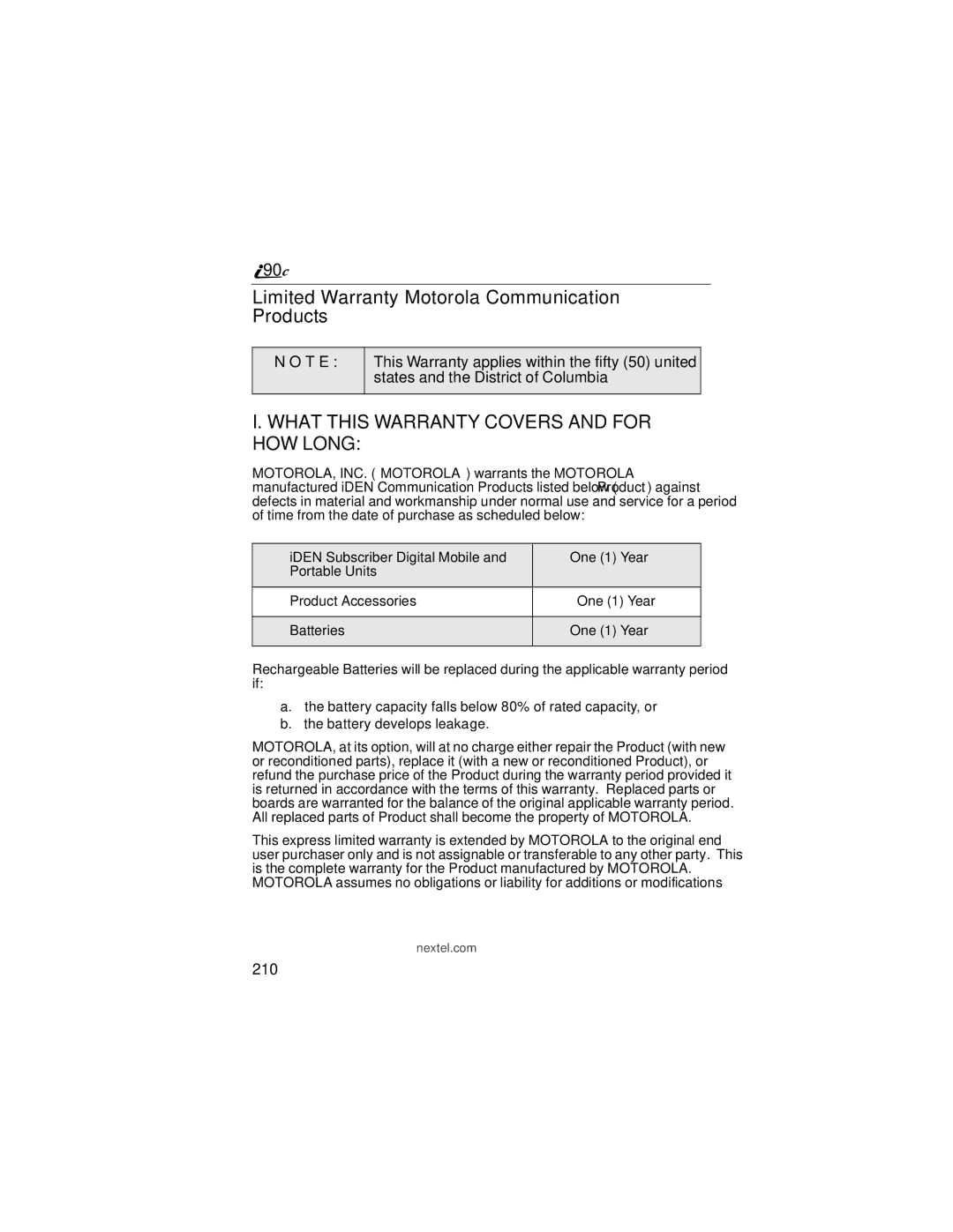 Motorola i90c manual Limited Warranty Motorola Communication Products, T E, 210 