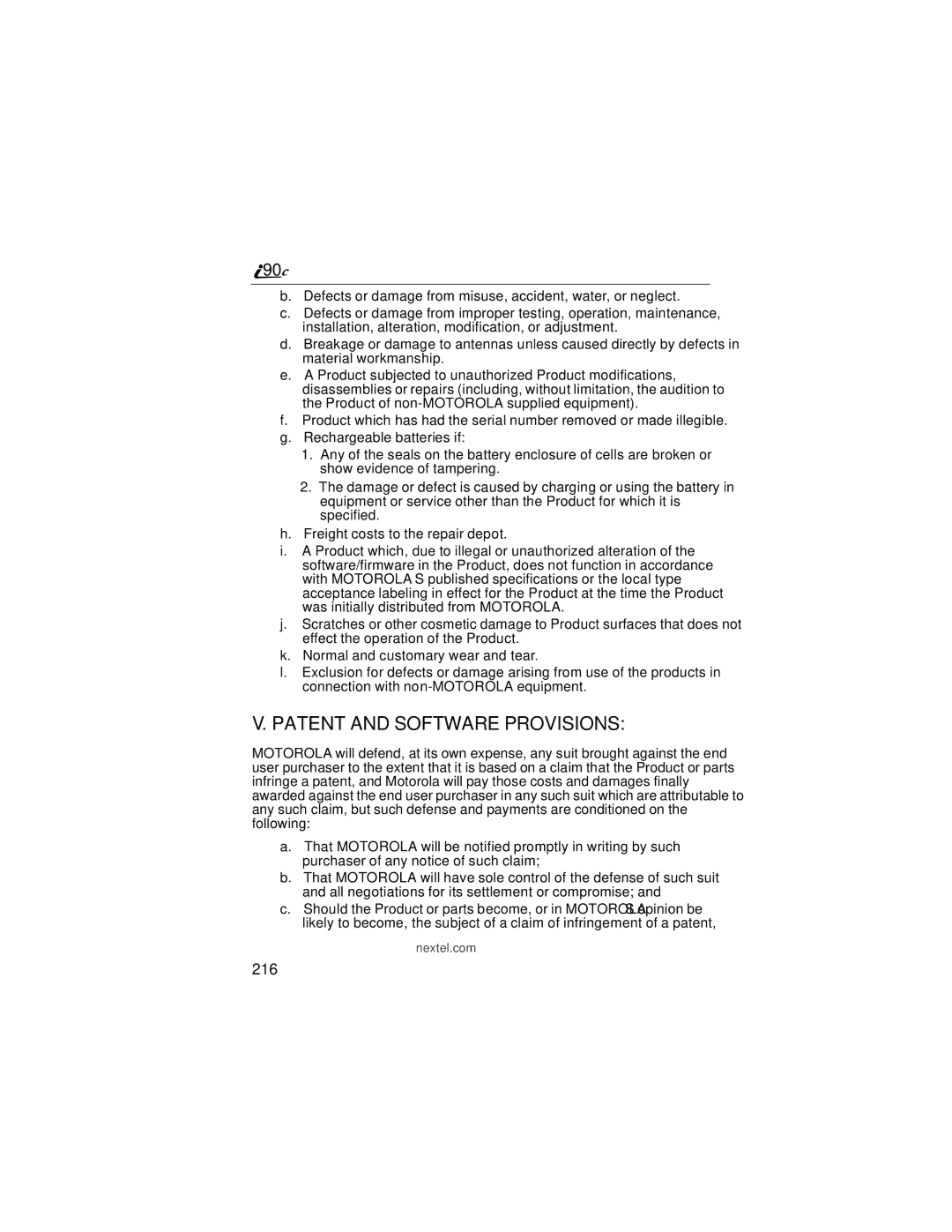 Motorola i90c manual Patent and Software Provisions, 216 