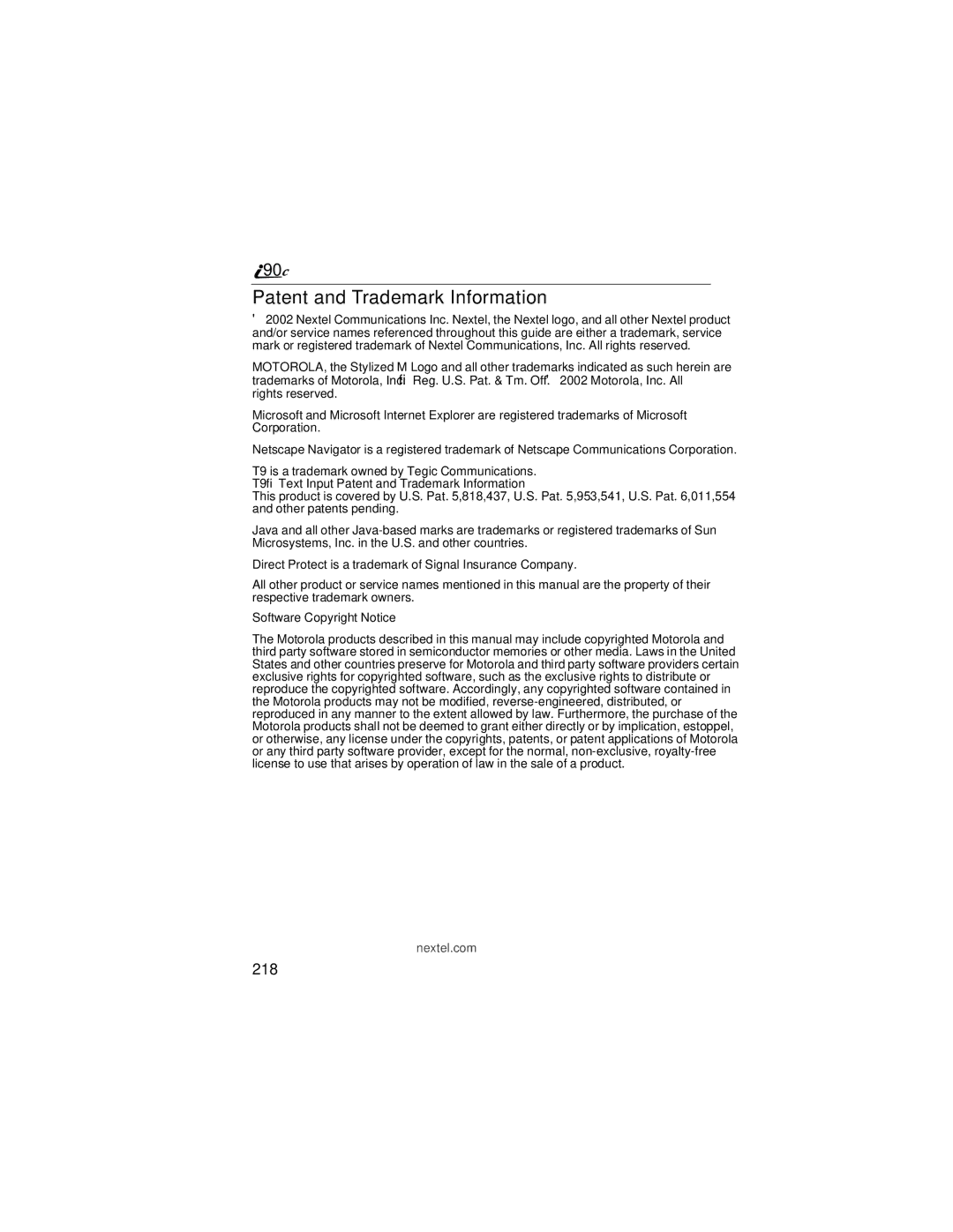 Motorola i90c manual Patent and Trademark Information, 218 