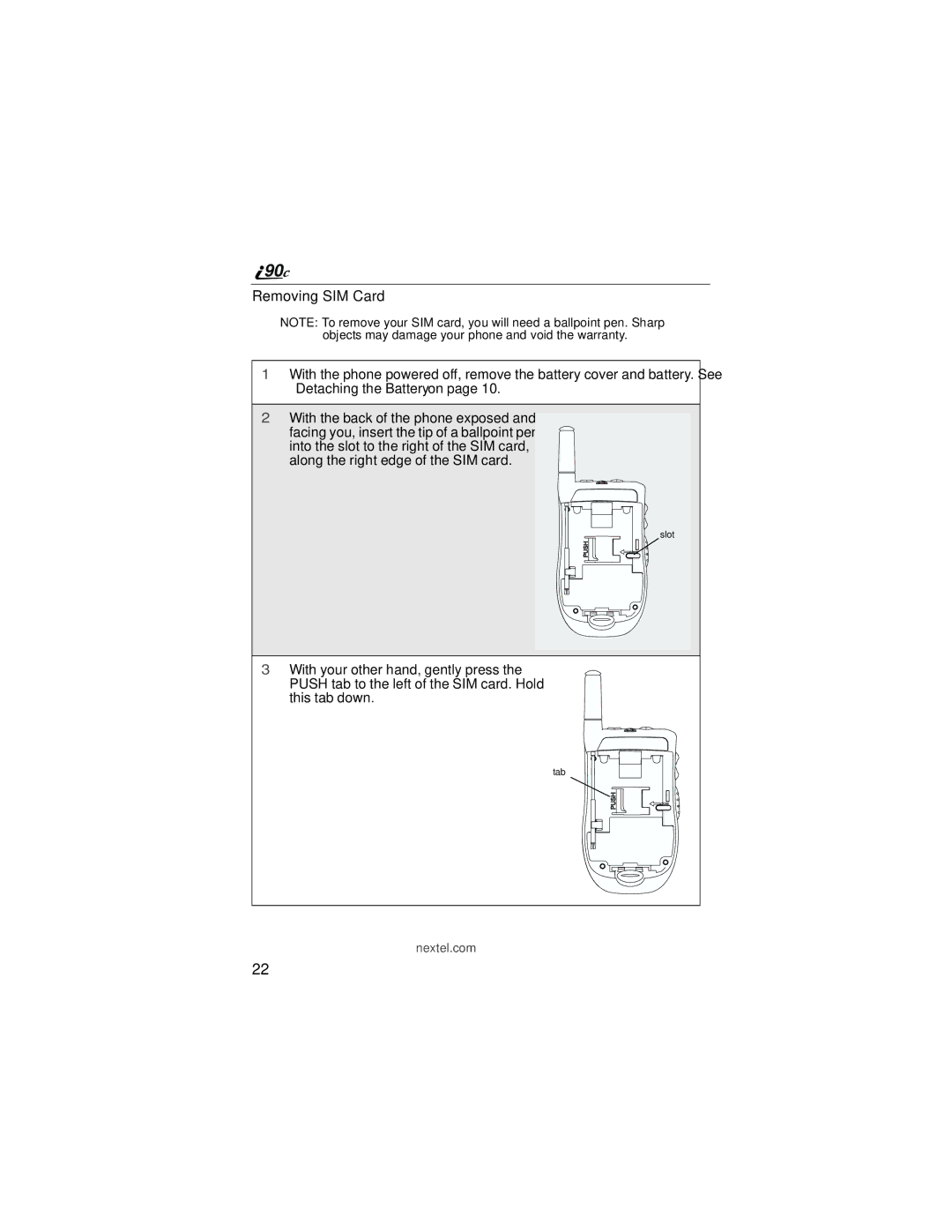 Motorola i90c manual Removing SIM Card 