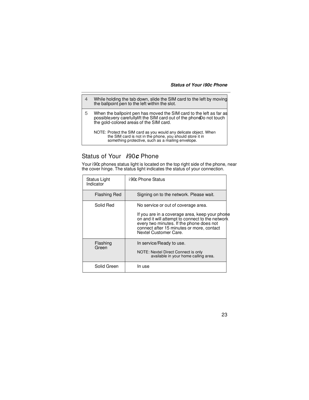 Motorola manual Status of Your i 90c Phone, Status of Your i90c Phone, Status Light Phone Status Indicator 