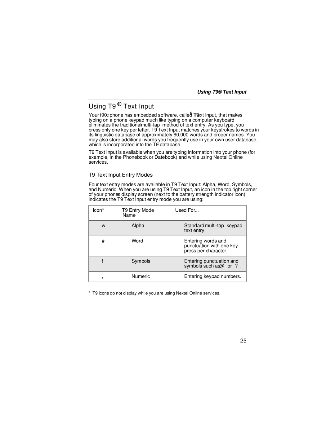 Motorola i90c manual Using T9 Text Input, T9 Text Input Entry Modes 