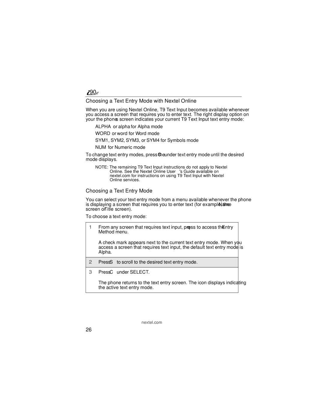 Motorola i90c manual Choosing a Text Entry Mode with Nextel Online 