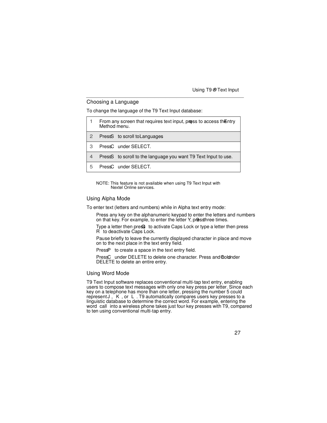 Motorola i90c manual Choosing a Language, Using Alpha Mode, Using Word Mode 