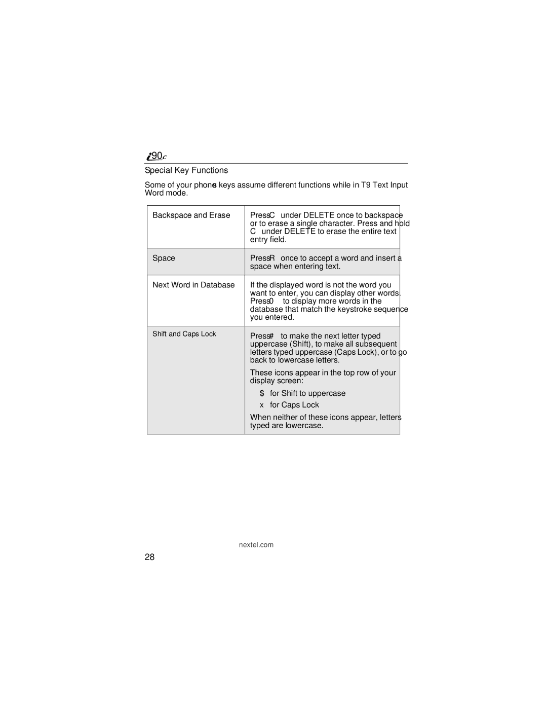 Motorola i90c manual Backspace and Erase, Space, Next Word in Database 