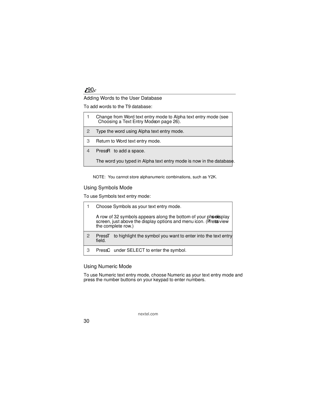 Motorola i90c manual Using Symbols Mode, Using Numeric Mode 