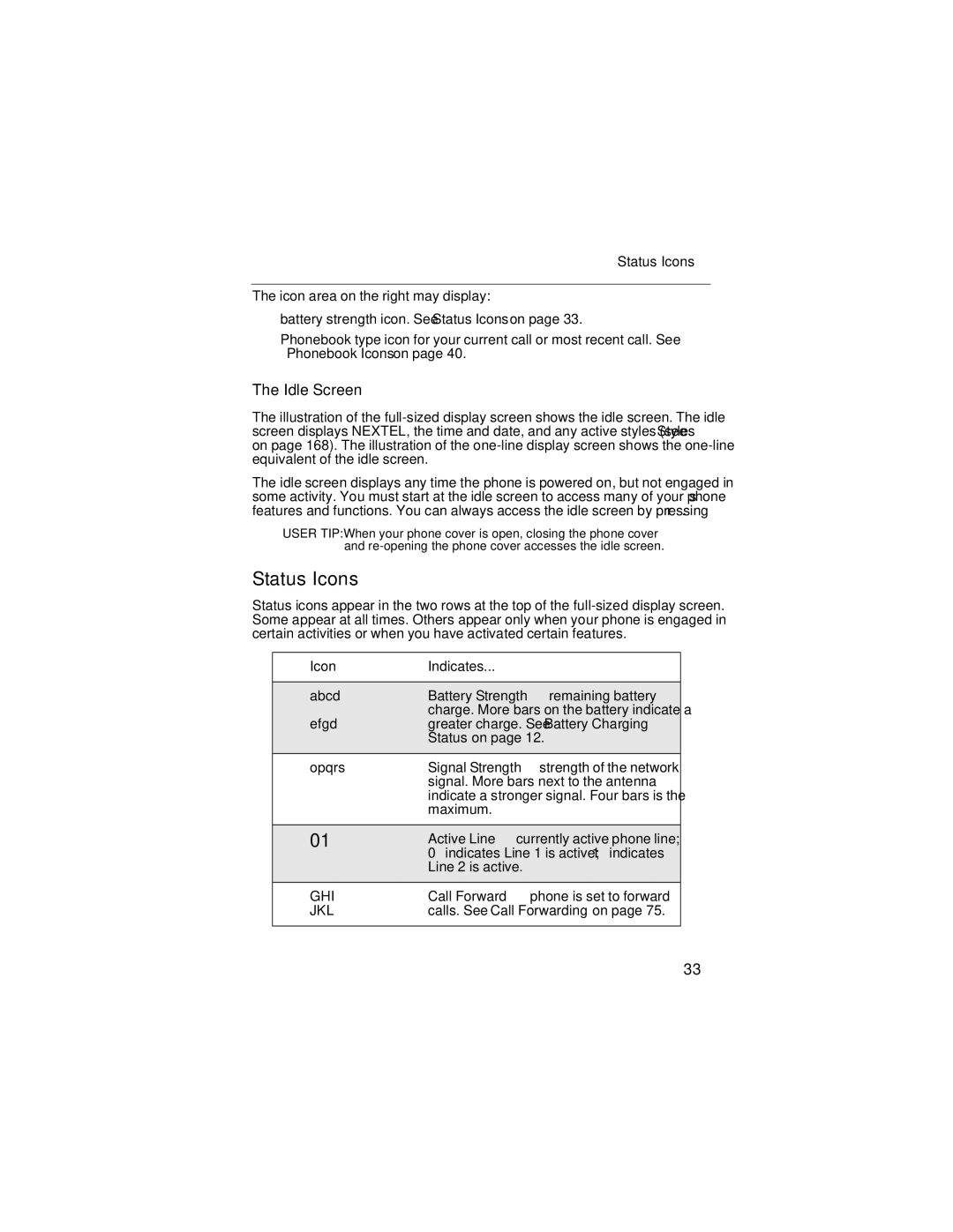 Motorola i90c manual Status Icons, Idle Screen, Icon Indicates 