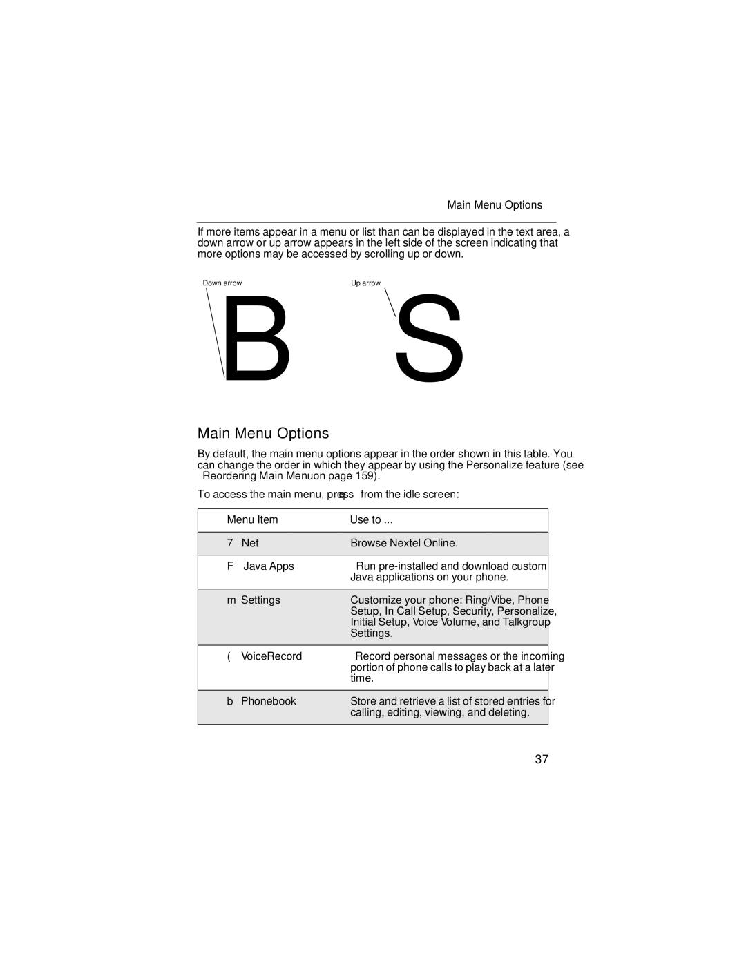 Motorola i90c manual Main Menu Options, Menu Item Use to 