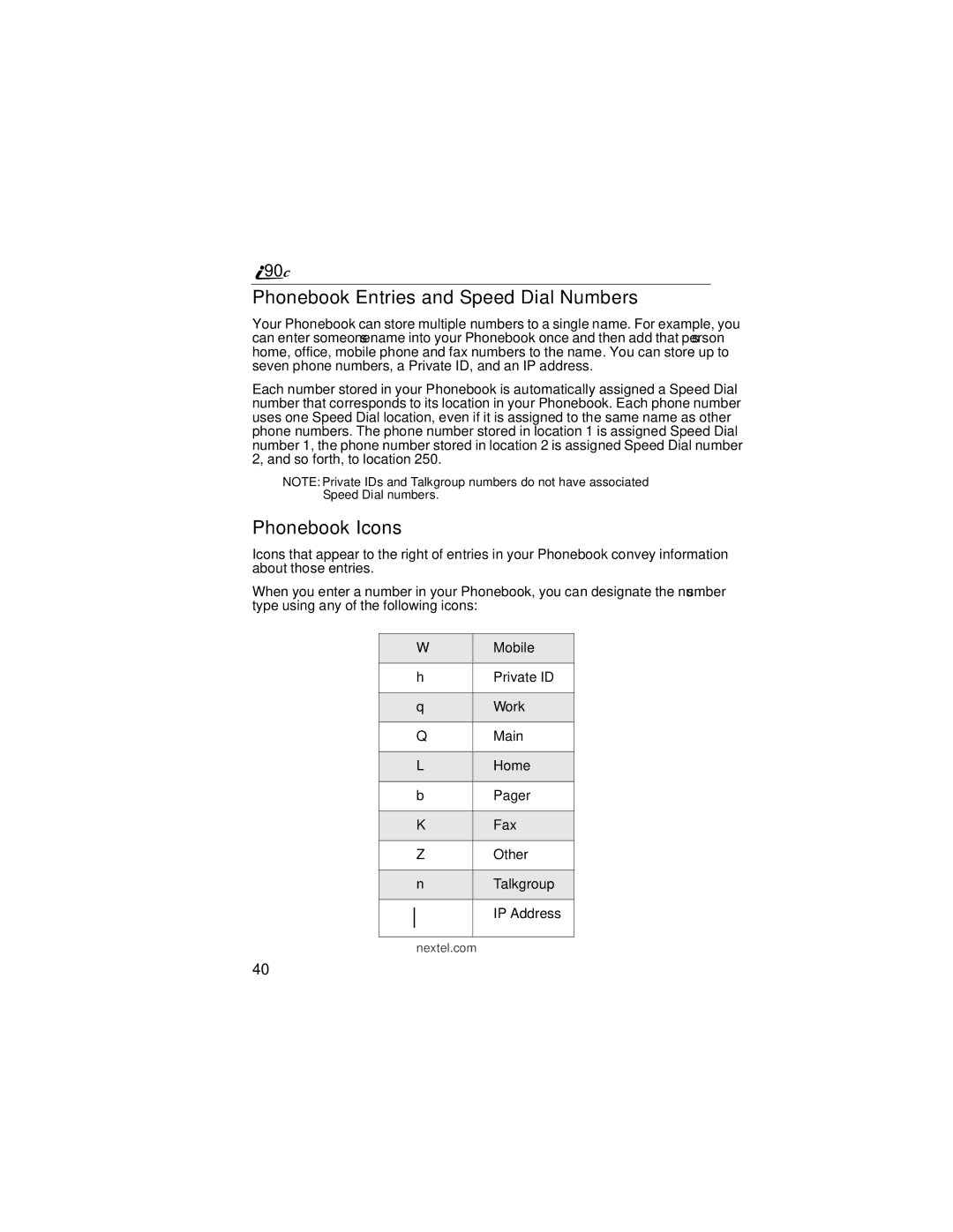 Motorola i90c manual Phonebook Entries and Speed Dial Numbers, Phonebook Icons 