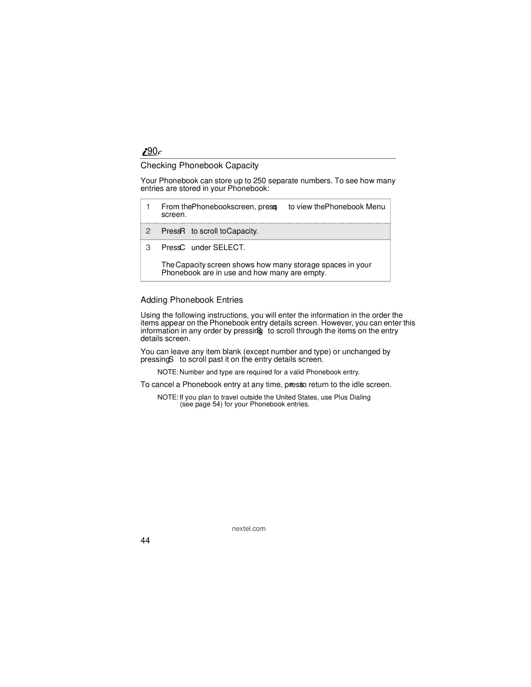 Motorola i90c manual Checking Phonebook Capacity, Adding Phonebook Entries 