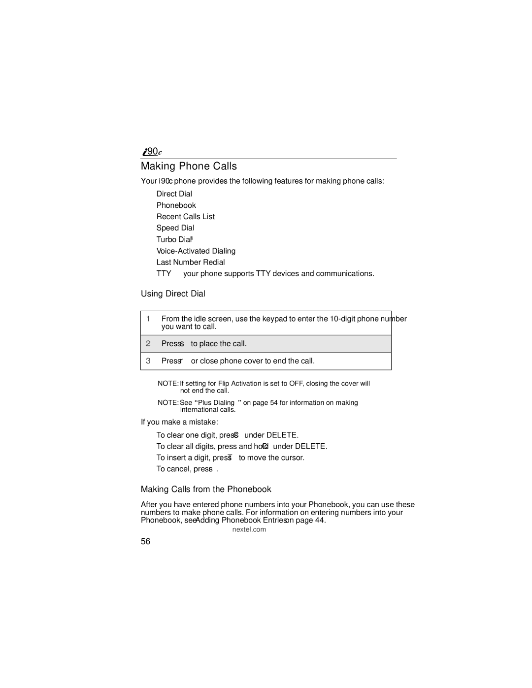 Motorola i90c manual Making Phone Calls, Using Direct Dial, Making Calls from the Phonebook 