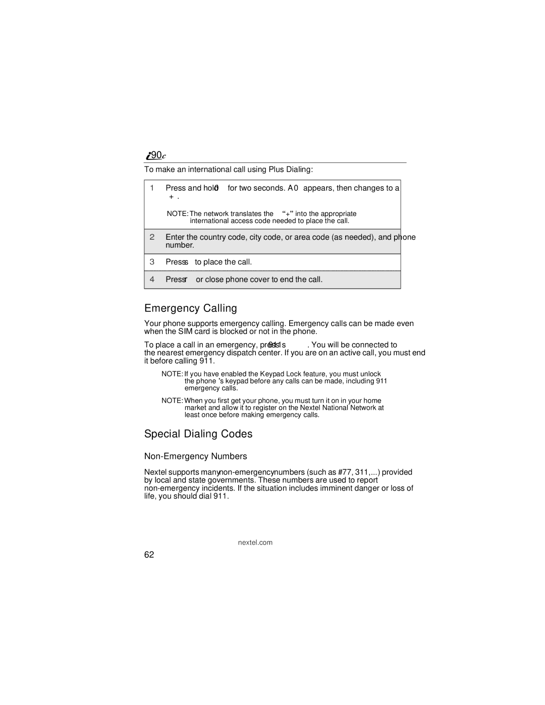 Motorola i90c manual Emergency Calling, Special Dialing Codes, Non-Emergency Numbers 