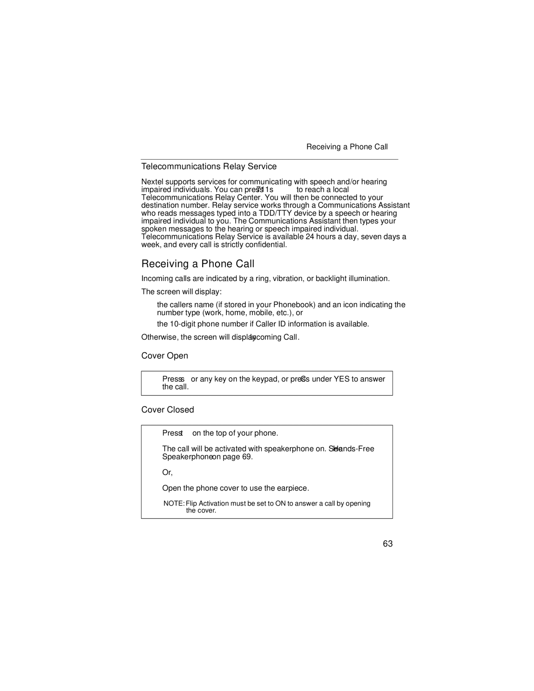 Motorola i90c manual Receiving a Phone Call, Telecommunications Relay Service 