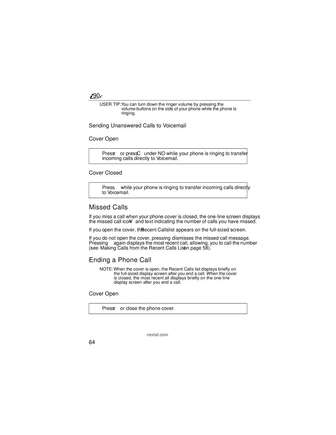 Motorola i90c manual Missed Calls, Ending a Phone Call, Sending Unanswered Calls to Voicemail 