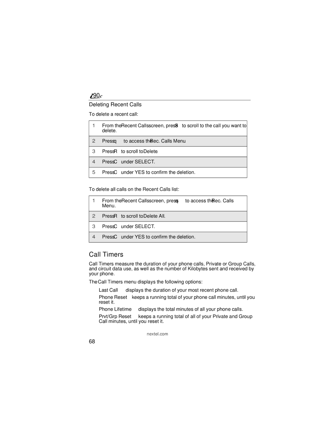 Motorola i90c manual Call Timers, Deleting Recent Calls 