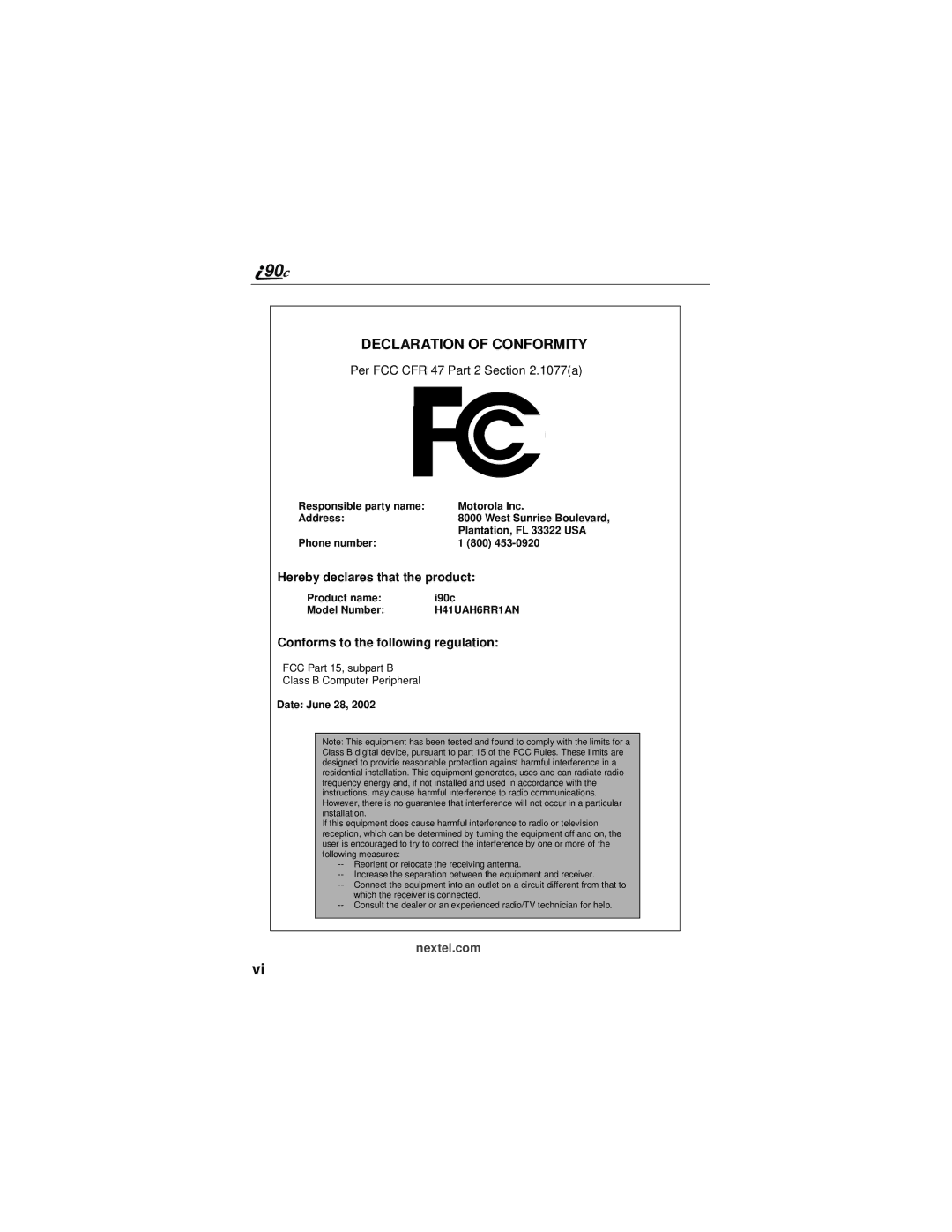 Motorola i90c manual Declaration of Conformity 