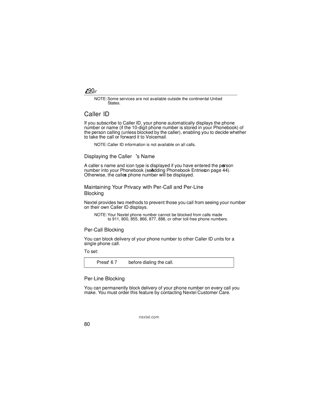 Motorola i90c manual Caller ID, Displaying the Caller’s Name, Per-Call Blocking, Per-Line Blocking 