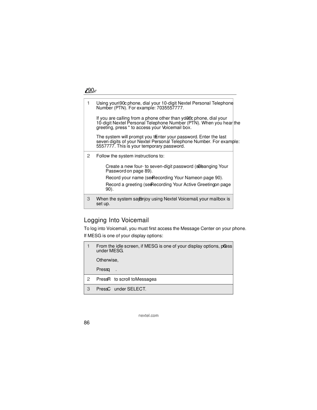 Motorola i90c manual Logging Into Voicemail 