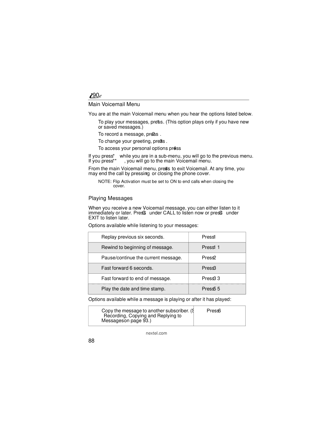 Motorola i90c manual Main Voicemail Menu, Playing Messages 