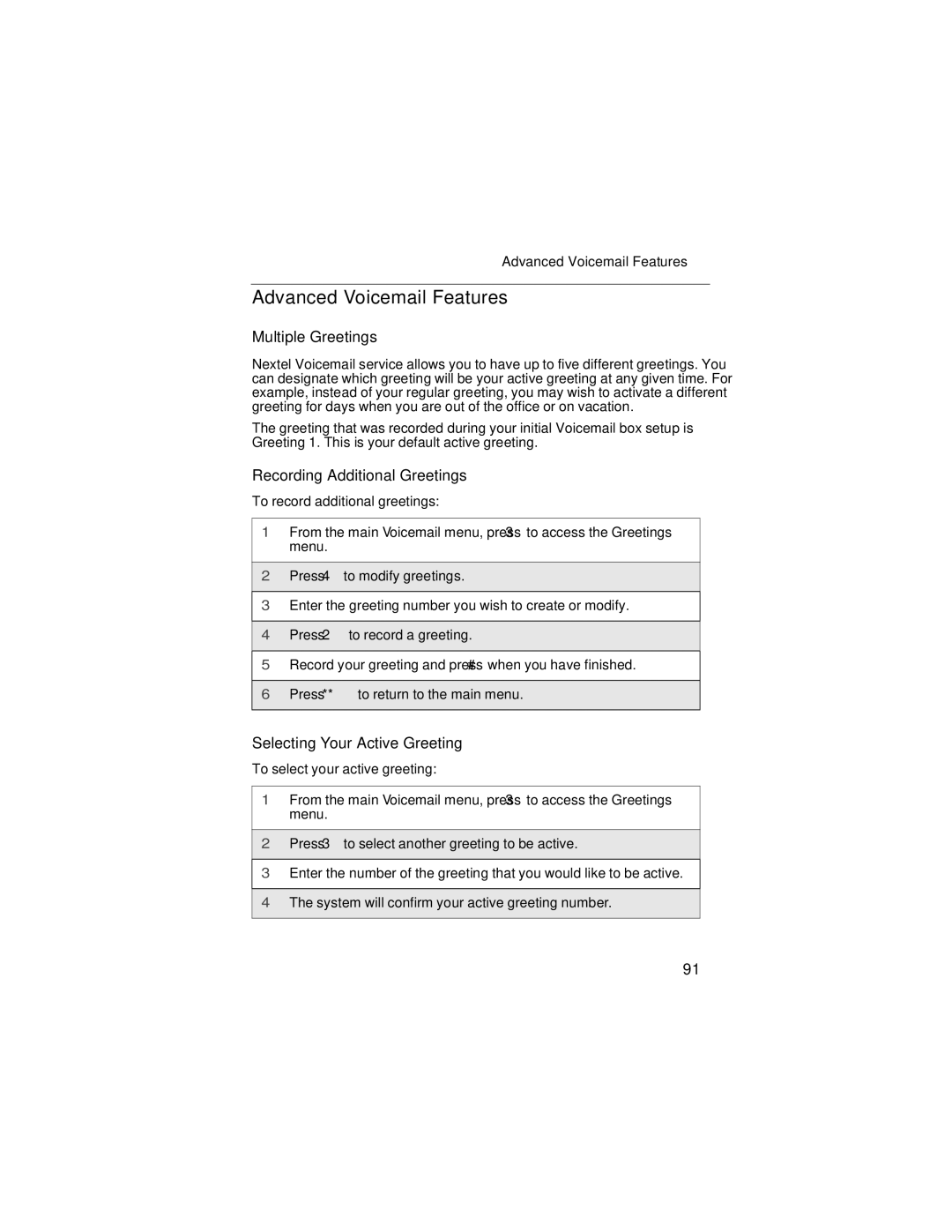 Motorola i90c manual Advanced Voicemail Features, Multiple Greetings, Recording Additional Greetings 