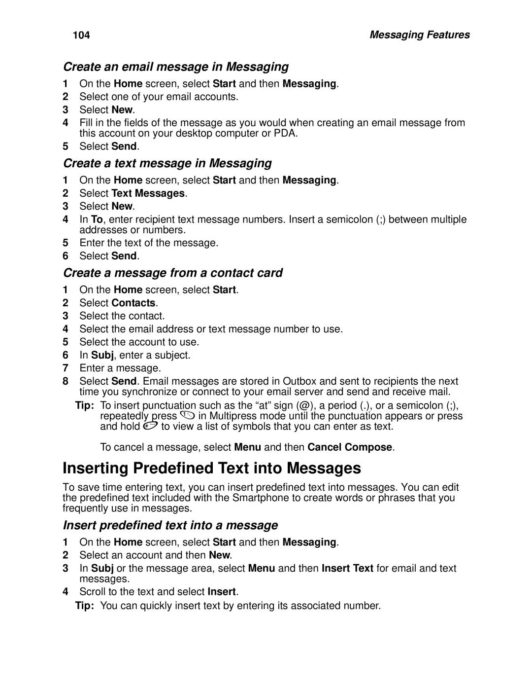 Motorola i930 manual Inserting Predefined Text into Messages, Create an email message in Messaging 