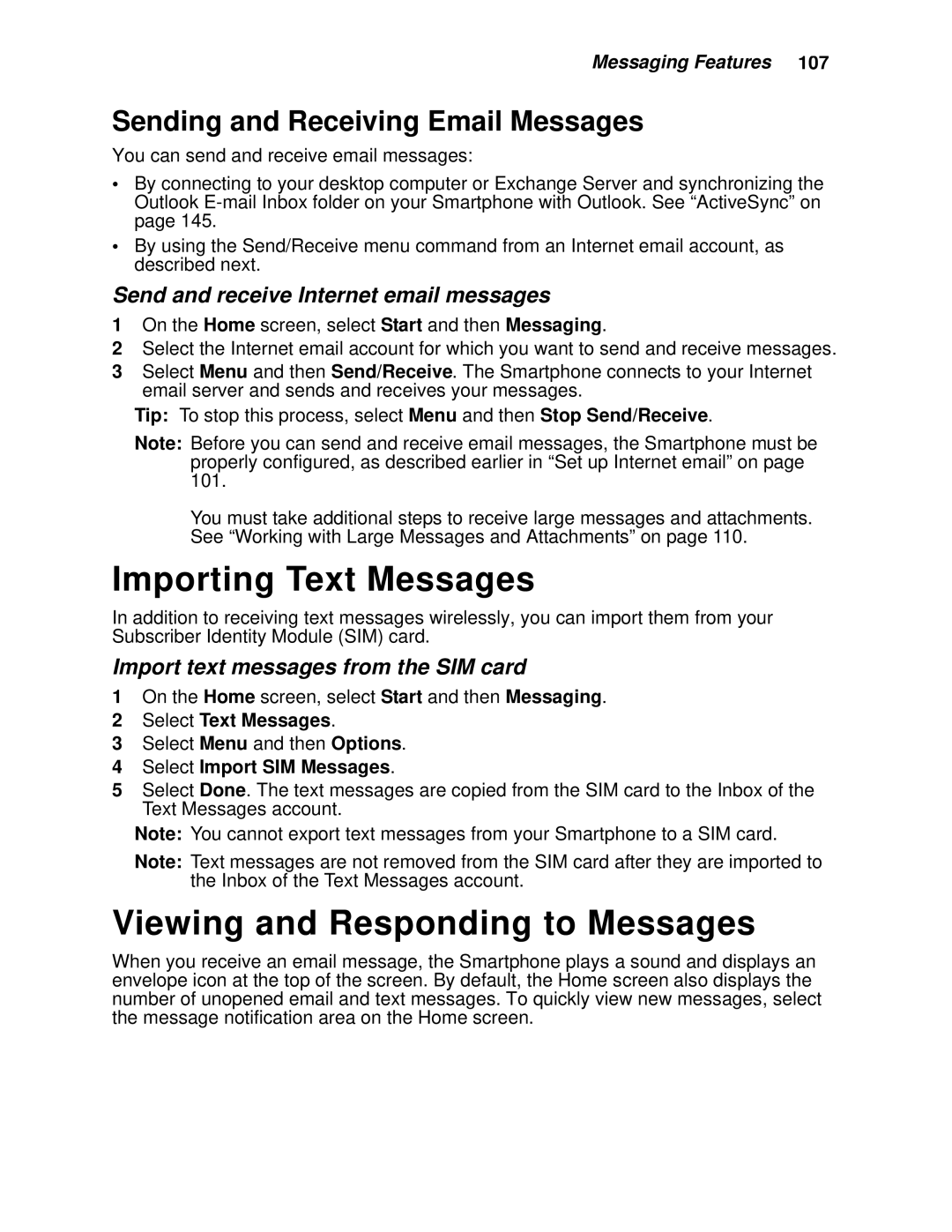 Motorola i930 manual Importing Text Messages, Viewing and Responding to Messages, Sending and Receiving Email Messages 