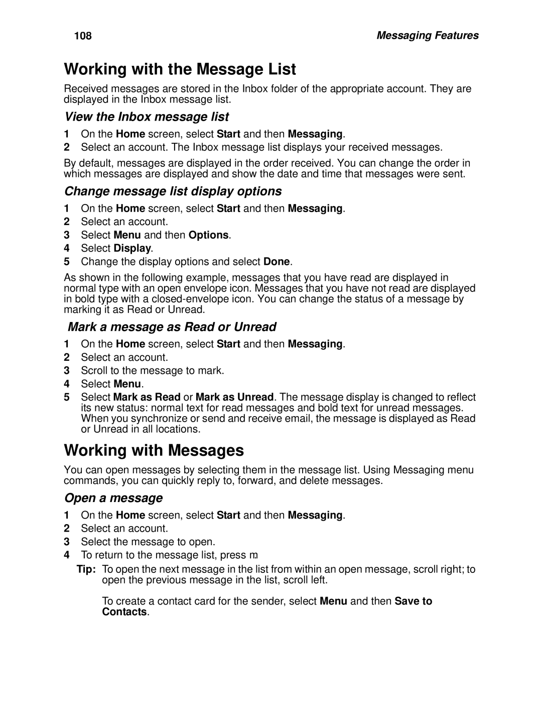 Motorola i930 manual Working with the Message List, Working with Messages 