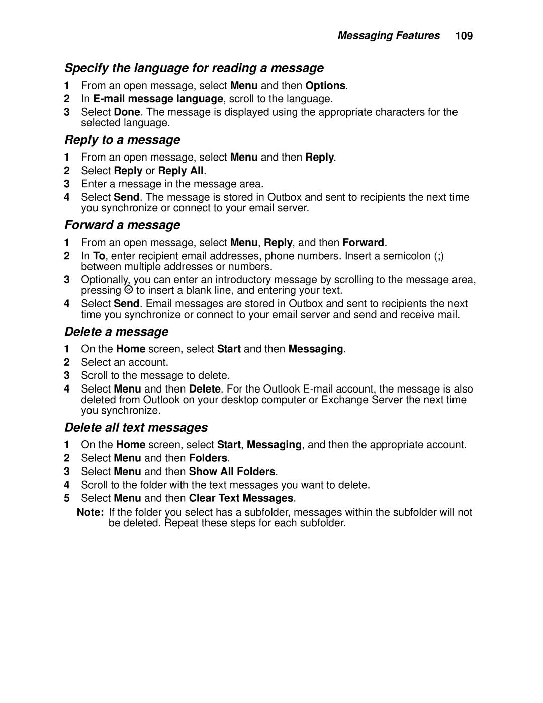 Motorola i930 manual Specify the language for reading a message, Reply to a message, Forward a message, Delete a message 