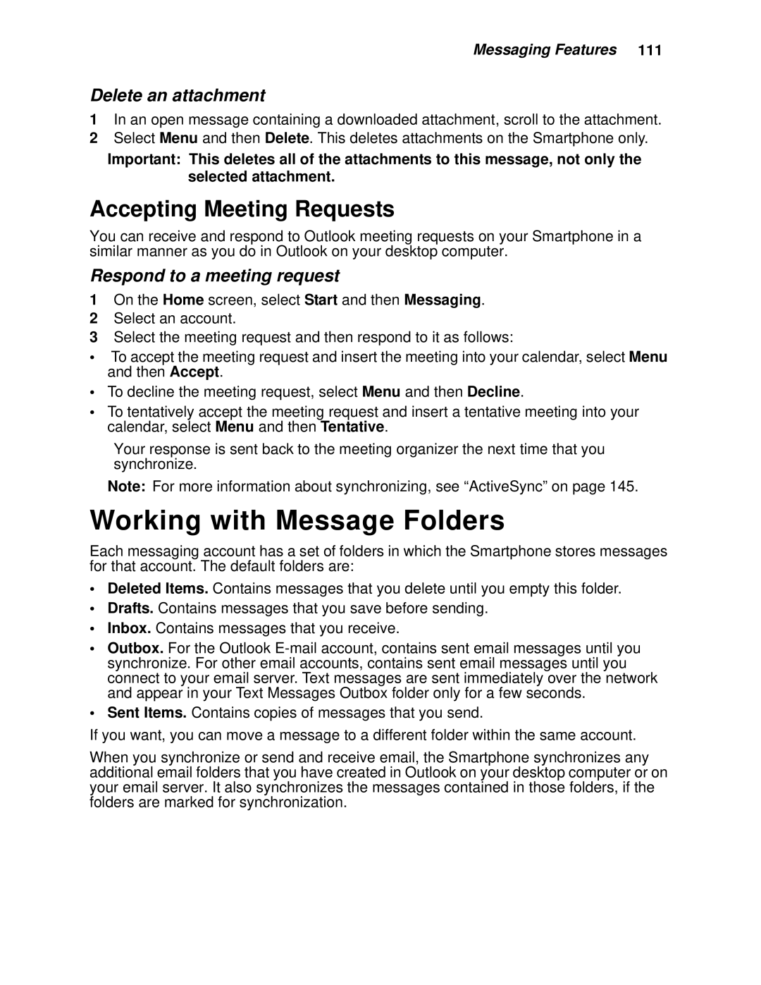 Motorola i930 Working with Message Folders, Accepting Meeting Requests, Delete an attachment, Respond to a meeting request 