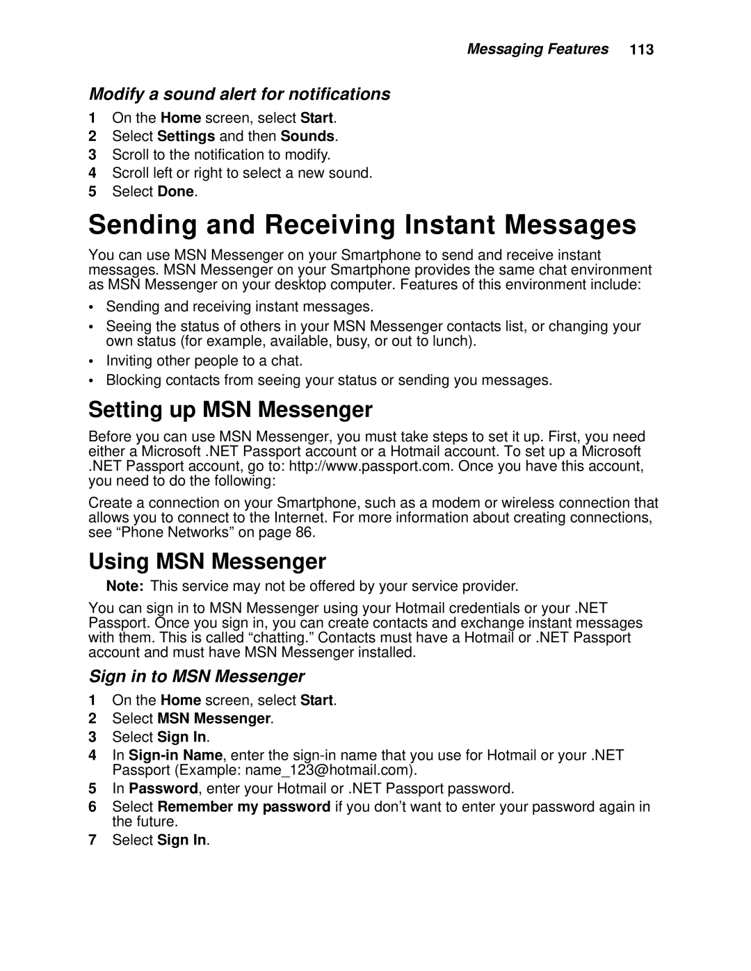 Motorola i930 manual Sending and Receiving Instant Messages, Setting up MSN Messenger, Using MSN Messenger 