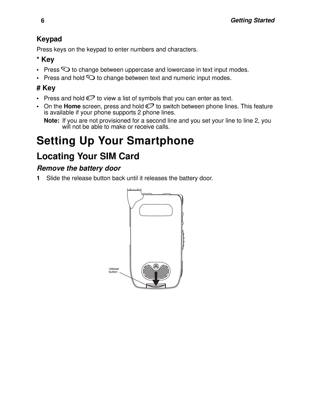 Motorola i930 manual Setting Up Your Smartphone, Locating Your SIM Card, Remove the battery door 