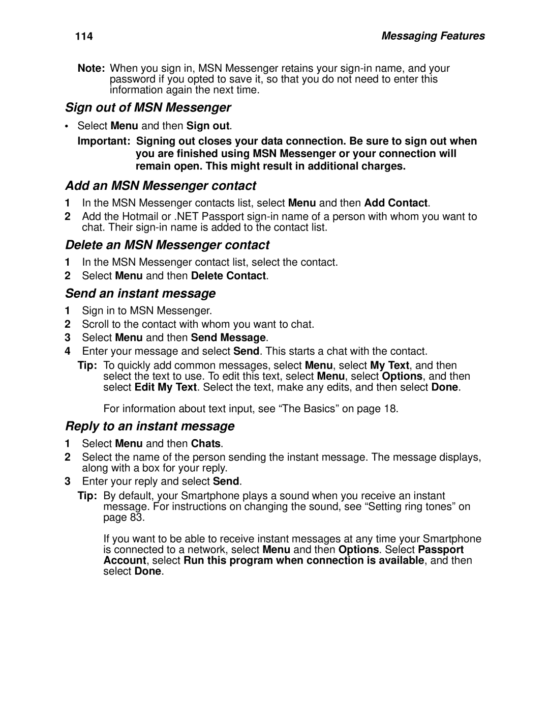 Motorola i930 manual Sign out of MSN Messenger, Add an MSN Messenger contact, Delete an MSN Messenger contact 