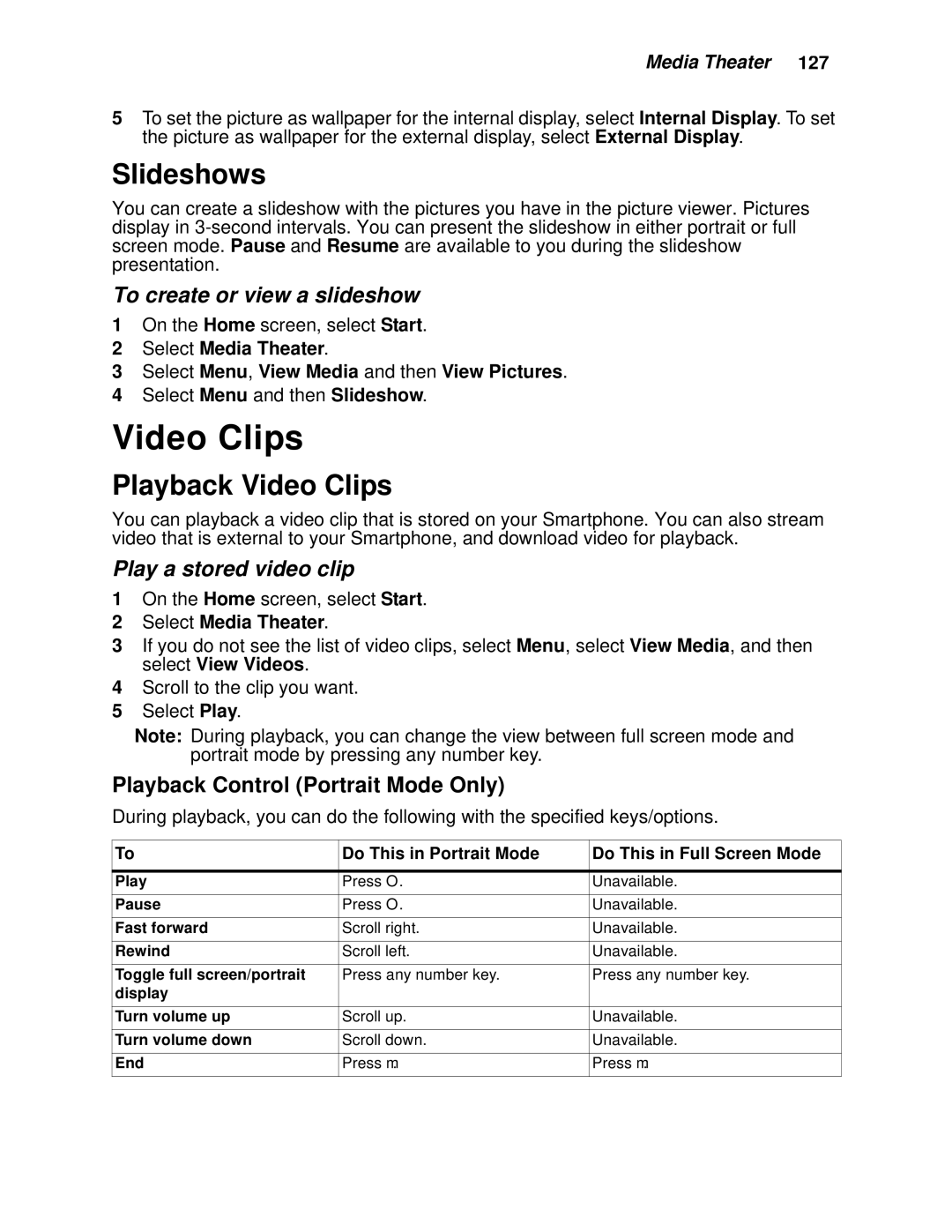 Motorola i930 manual Slideshows, Playback Video Clips, To create or view a slideshow, Play a stored video clip 