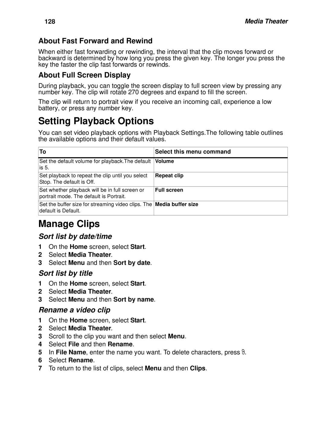 Motorola i930 manual Setting Playback Options, Manage Clips, About Fast Forward and Rewind, About Full Screen Display, 128 