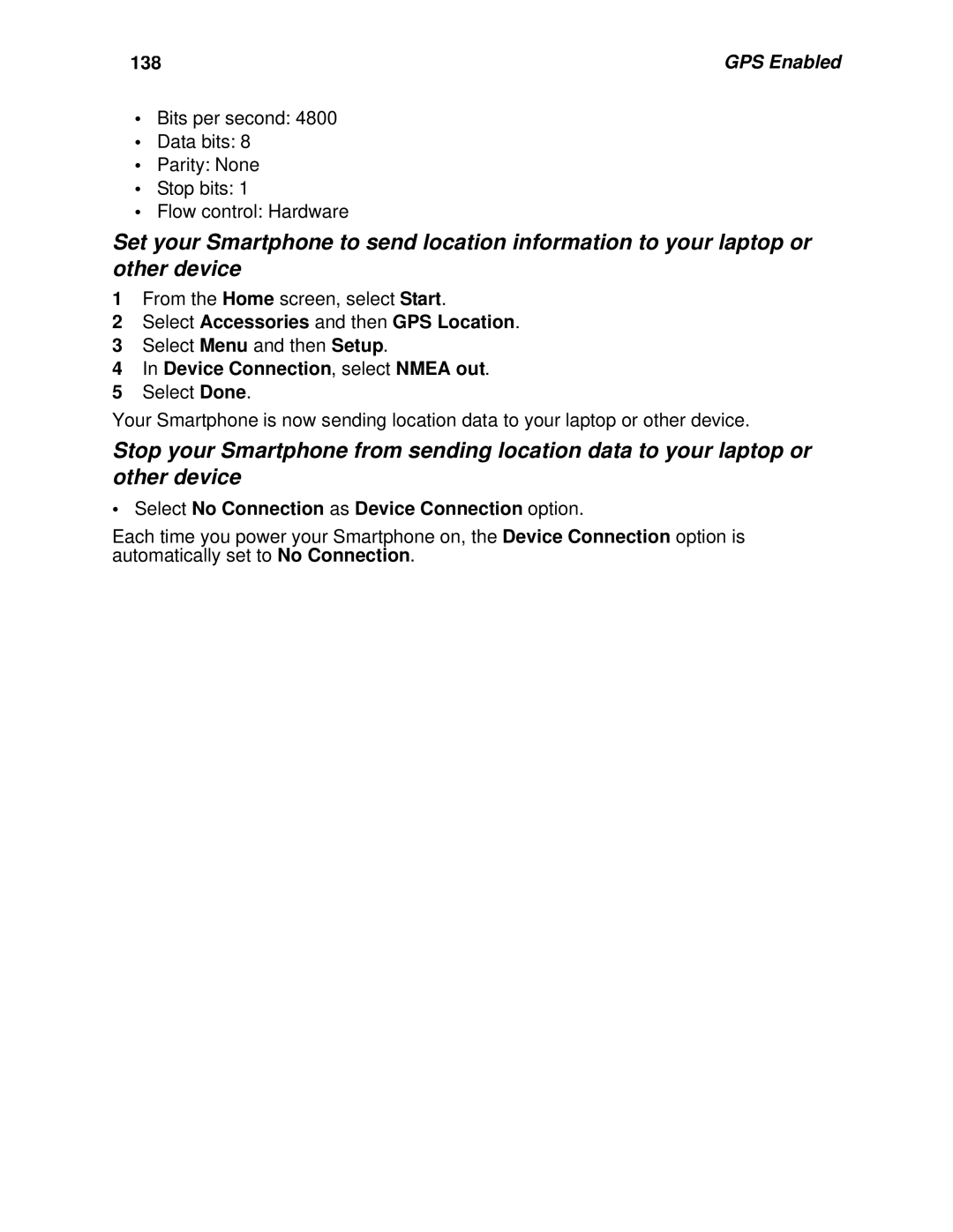 Motorola i930 manual 138, Device Connection, select Nmea out, Select No Connection as Device Connection option 