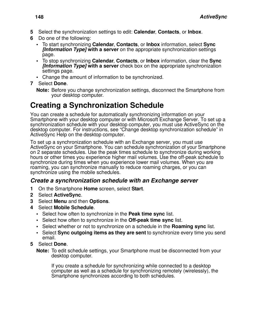 Motorola i930 manual Creating a Synchronization Schedule, Create a synchronization schedule with an Exchange server, 148 